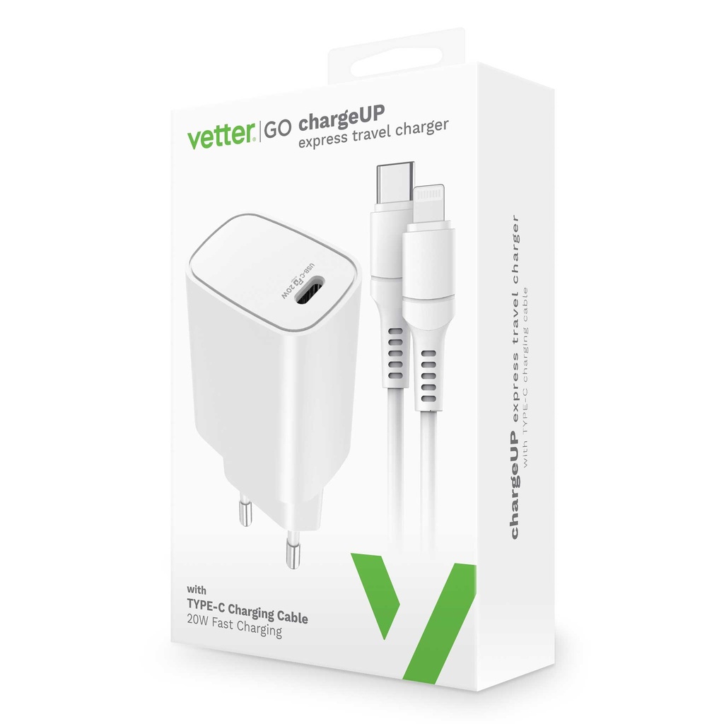 Incarcator chargeUP, Smart Travel Charger with Lightning Cable, Vetter Go, Power Delivery, 20W, White
