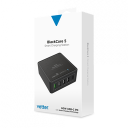 [55814] Black Core 5, 60W Travel Charger, USB Smart Charger, 5xUSB Port QC 3.0 and 60 W PD USB Type-C Out